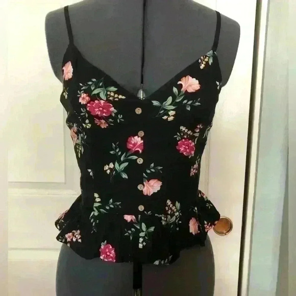 Ambiance black plus flowers thin straps waist ruffle top small - Picture 1 of 5